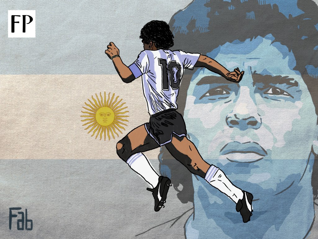 There has rarely been a more political figure for a nation’s football ecosystem than Diego Maradona for Argentina. (Art by Fabrizio Birimbelli)